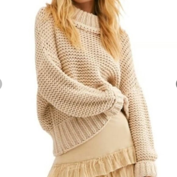 Free People Sweaters - Free People My Only Sunshine Chunky Knit Cowl Neck Sweater Tan Small